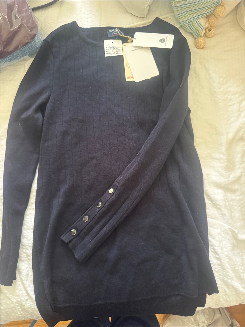 Saint James Navy Crewneck Ribbed Sweater with Button-Cuff Detail - Men